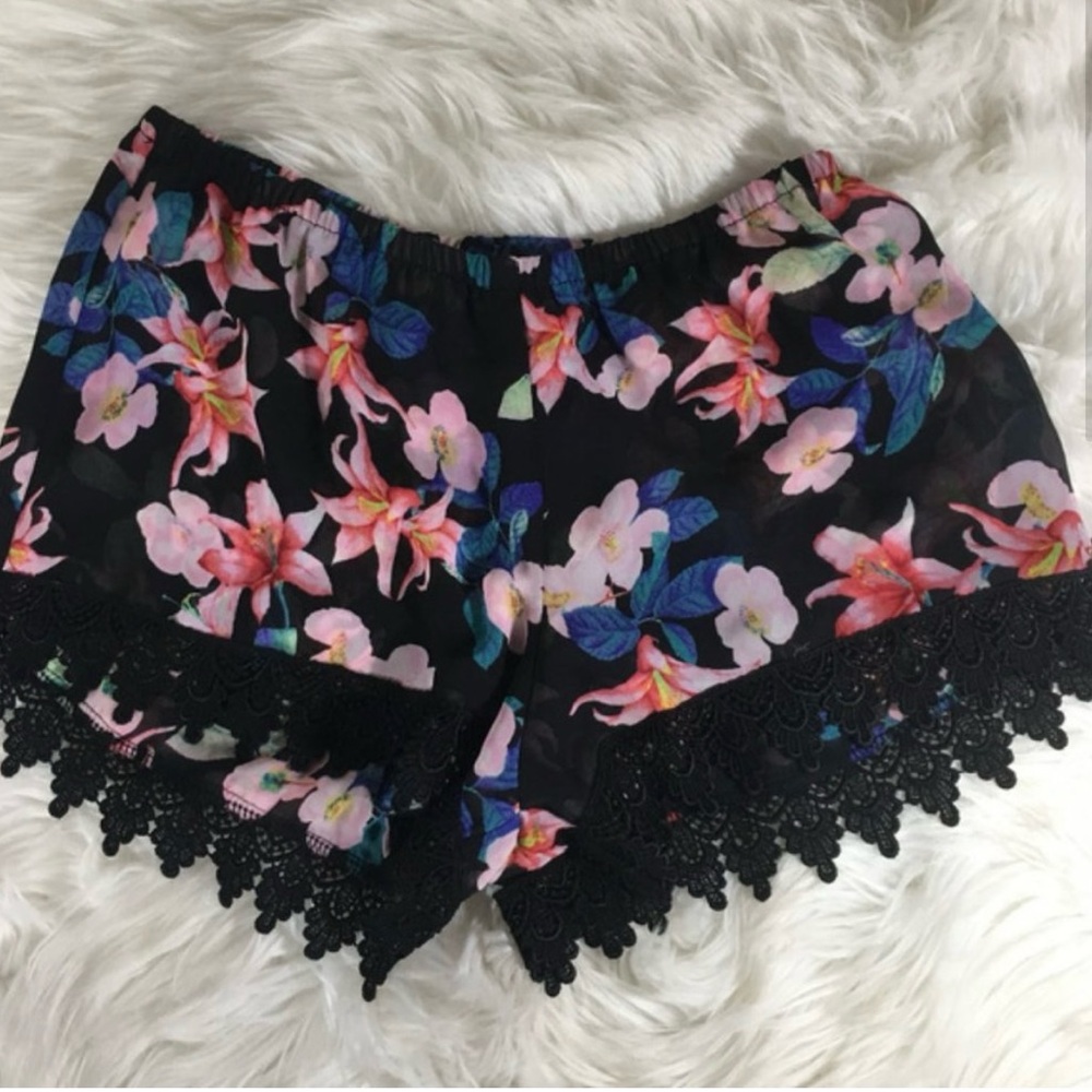 Show Me Your Mumu black floral lace trim shorts